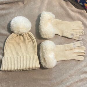 Cream Knit Beanie and Gloves Set with Faux Fur